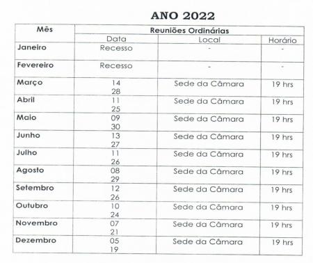 Calendário das Sessões ano 2022
